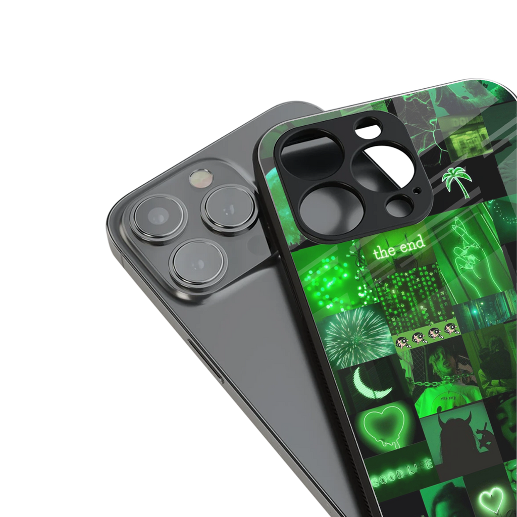 black green aesthetic collage back phone cover | glass case for iphone 14 plus