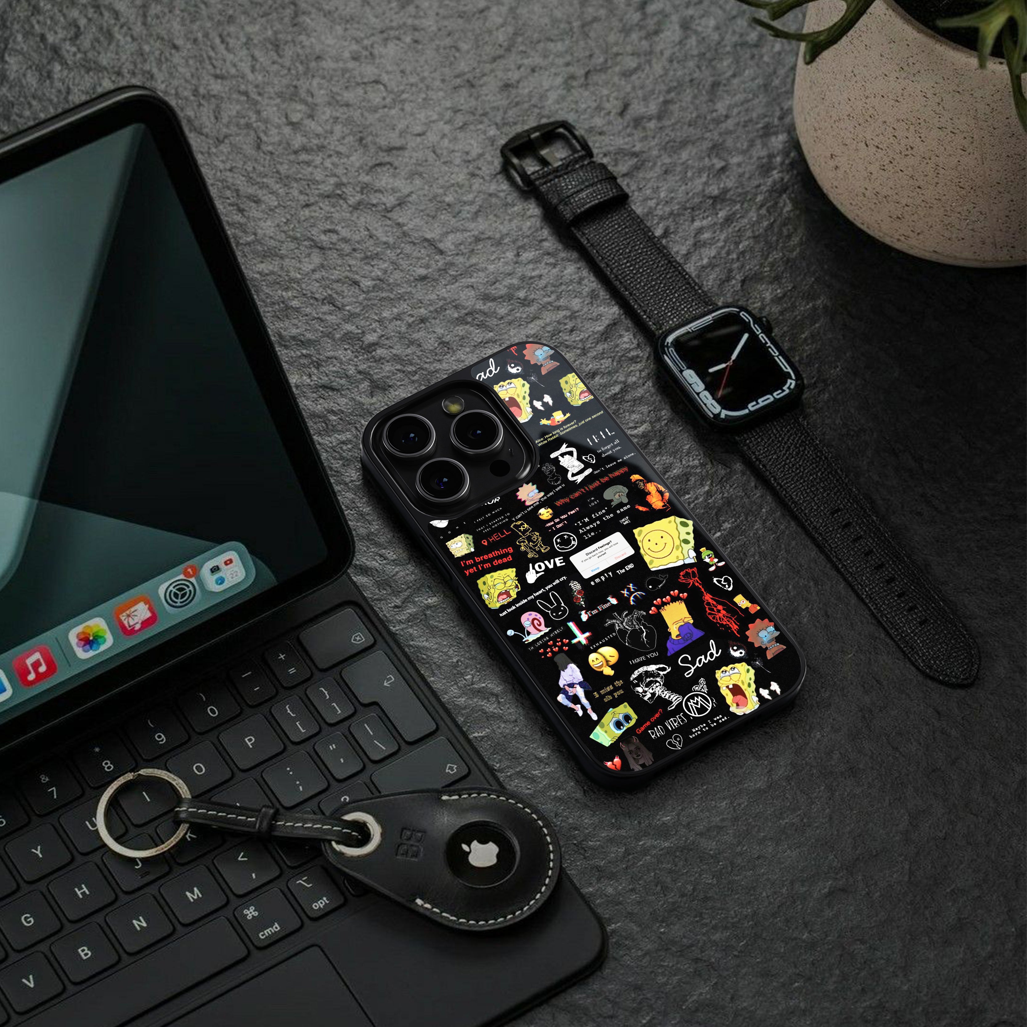 black aesthetic collage back phone cover | glass case for iphone 16 plus