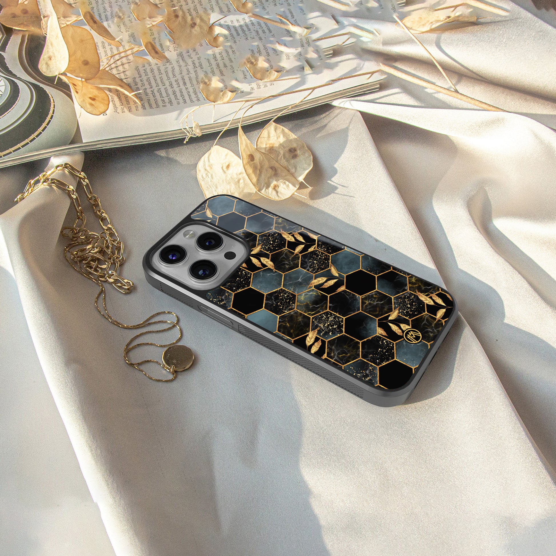 black blue tile marble back phone cover | glass case for iphone 16 pro max