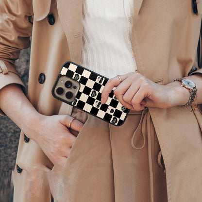 black cherries check pattern back phone cover | glass case for iphone 16 pro