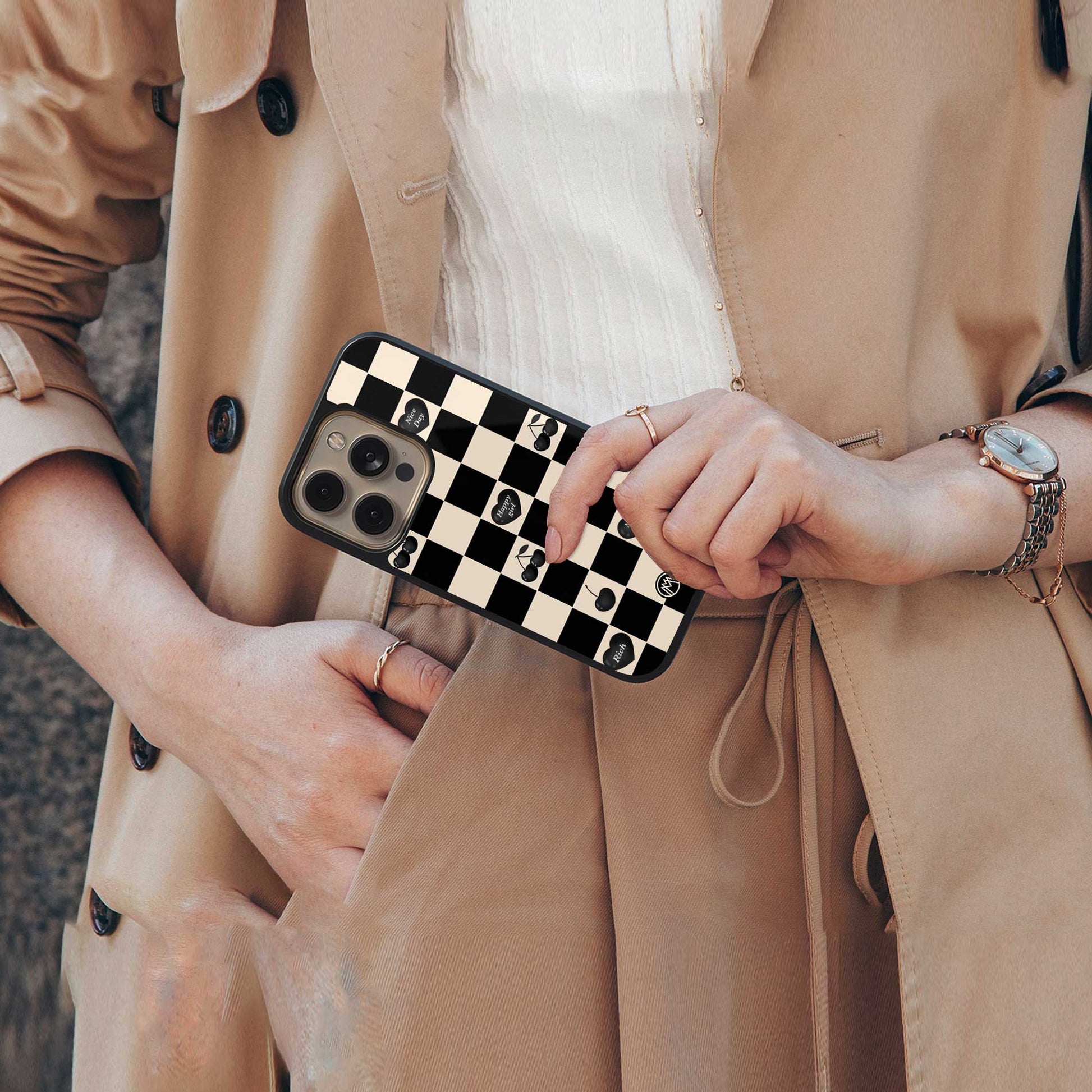 black cherries check pattern back phone cover | glass case for iphone 13 mini