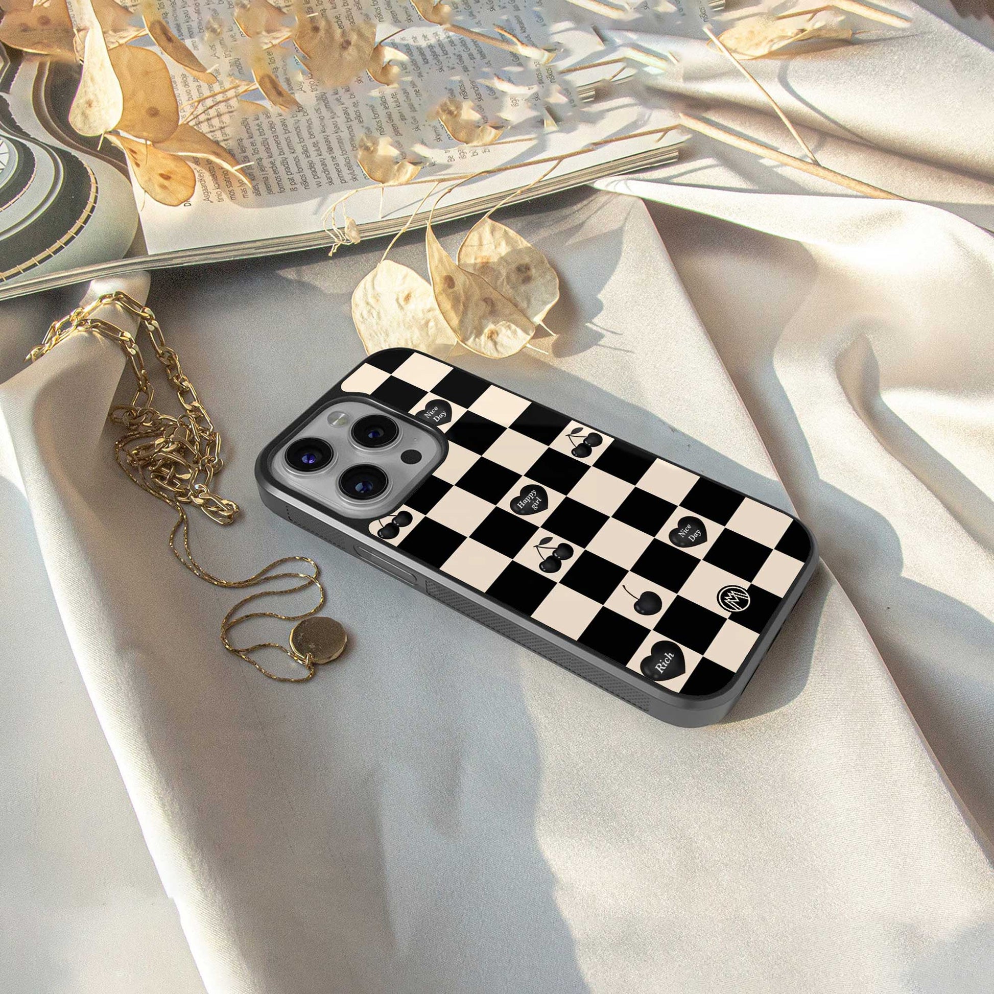 black cherries check pattern back phone cover | glass case for samsung galaxy s24 ultra