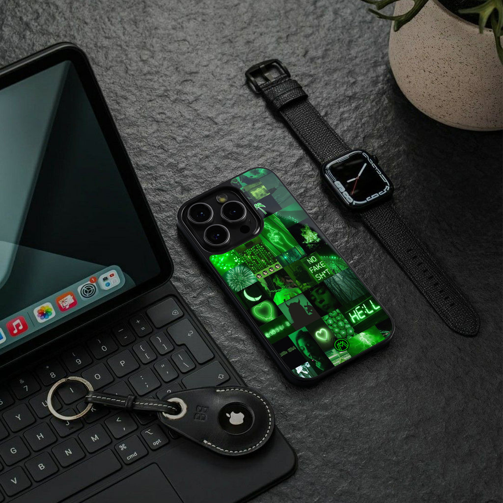 black green aesthetic collage back phone cover | glass case for iphone 15 plus