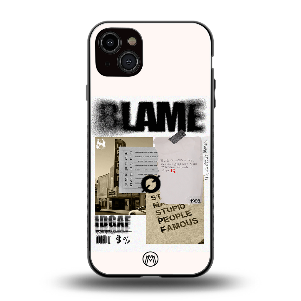 blame back phone cover | glass case for iphone 15 plus
