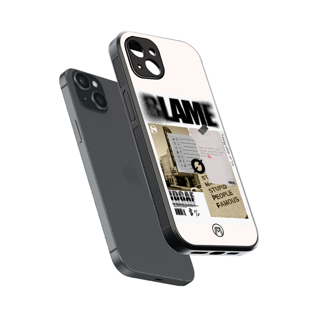 blame back phone cover | glass case for iphone 15 plus