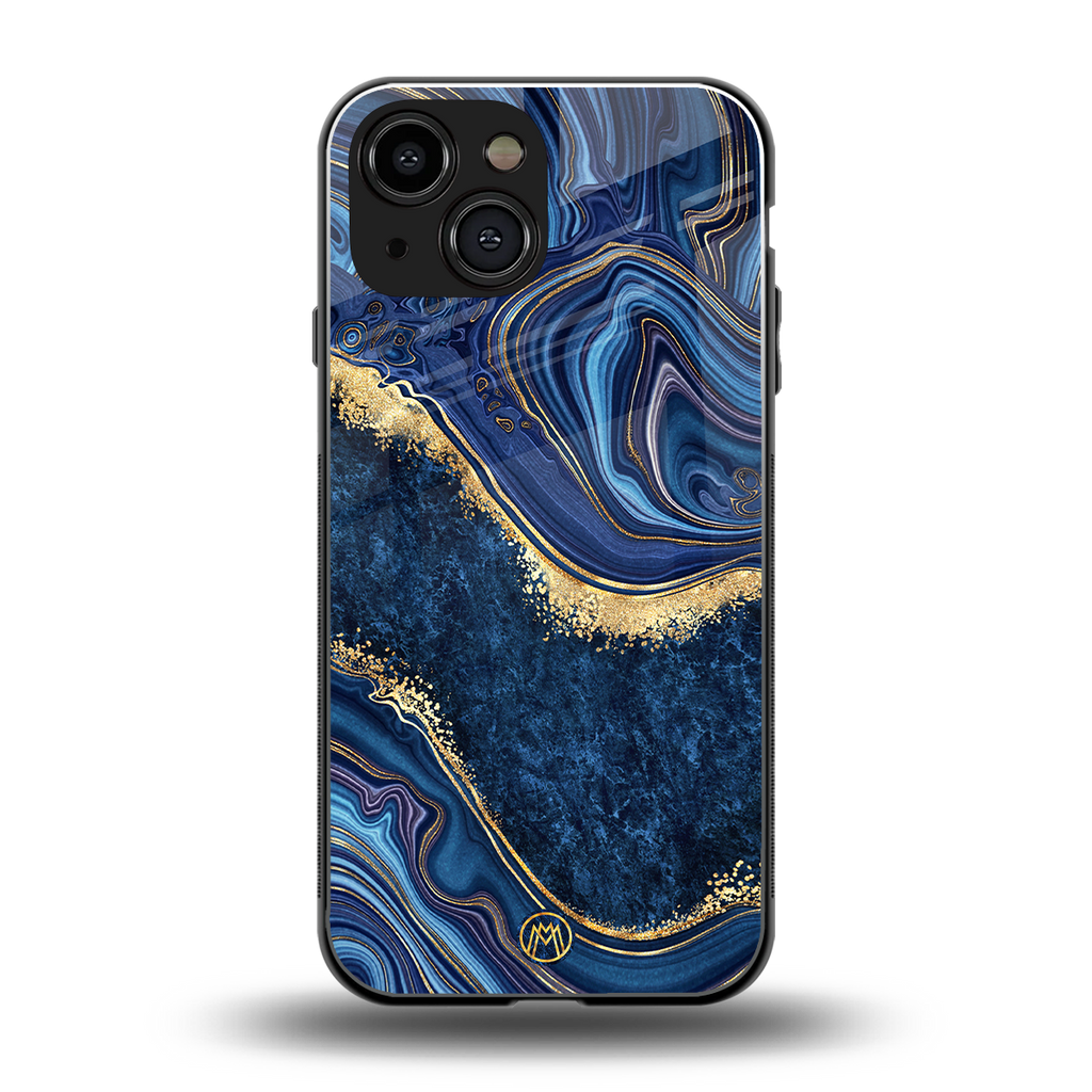 blue gold liquid marble back phone cover | glass case for iphone 13 mini