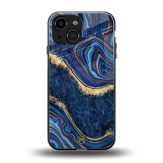 blue gold liquid marble back phone cover | glass case for iphone 13 mini