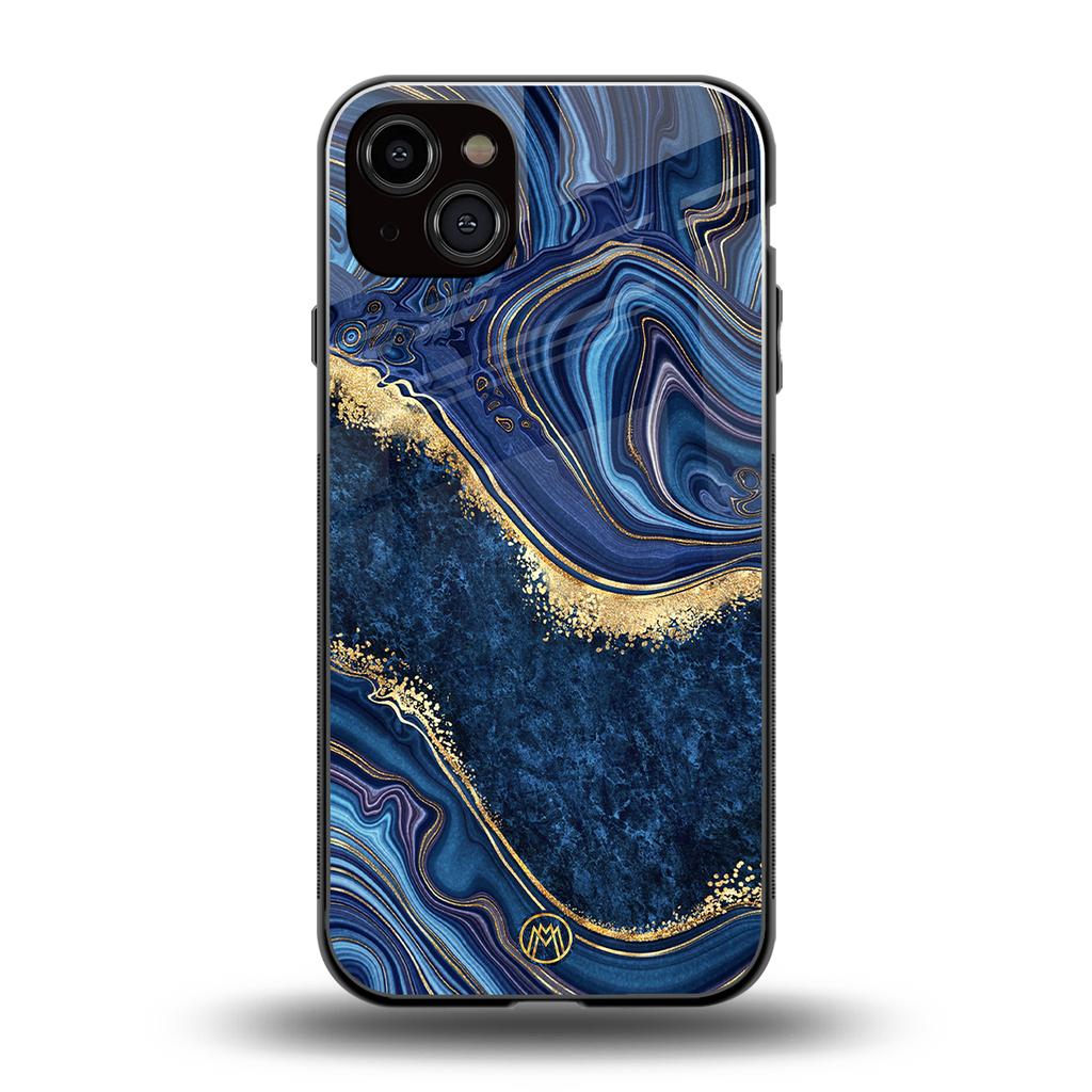 blue gold liquid marble back phone cover | glass case for iphone 15 plus