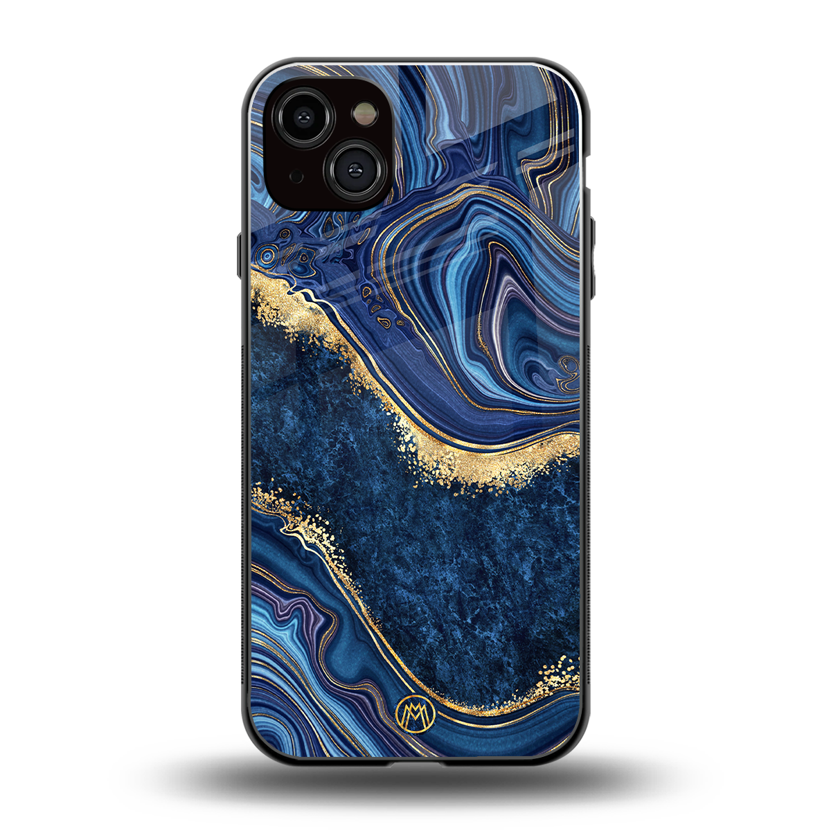 blue gold liquid marble back phone cover | glass case for iphone 15 plus