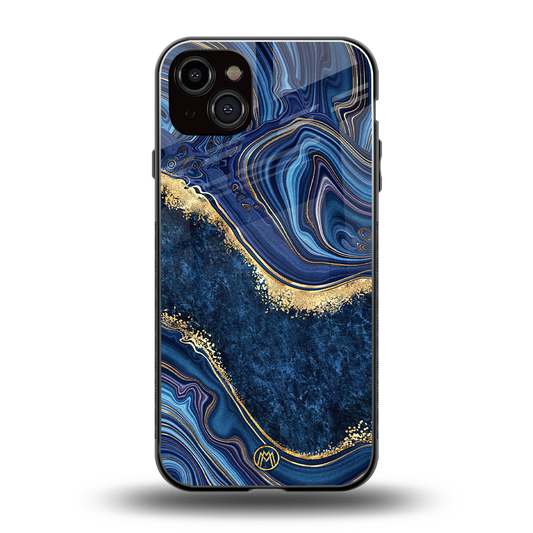 blue gold liquid marble back phone cover | glass case for iphone 14 plus