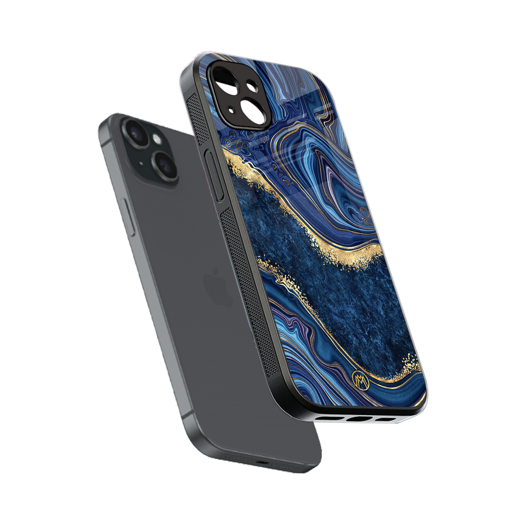 blue gold liquid marble back phone cover | glass case for iphone 15 plus