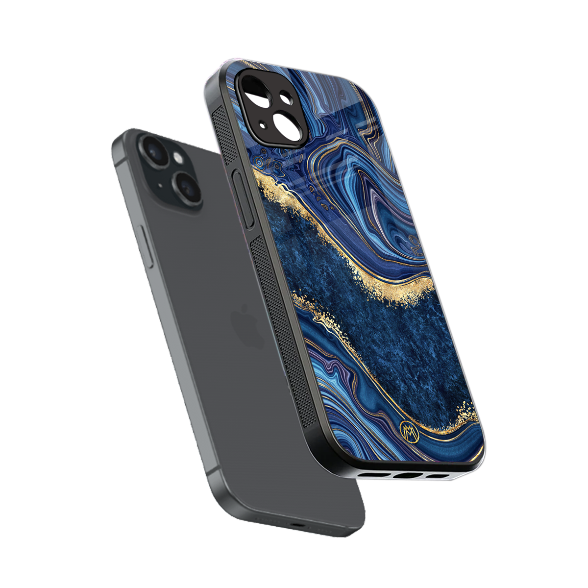 blue gold liquid marble back phone cover | glass case for iphone 15 plus