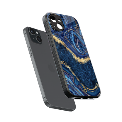 blue gold liquid marble back phone cover | glass case for iphone 14 plus