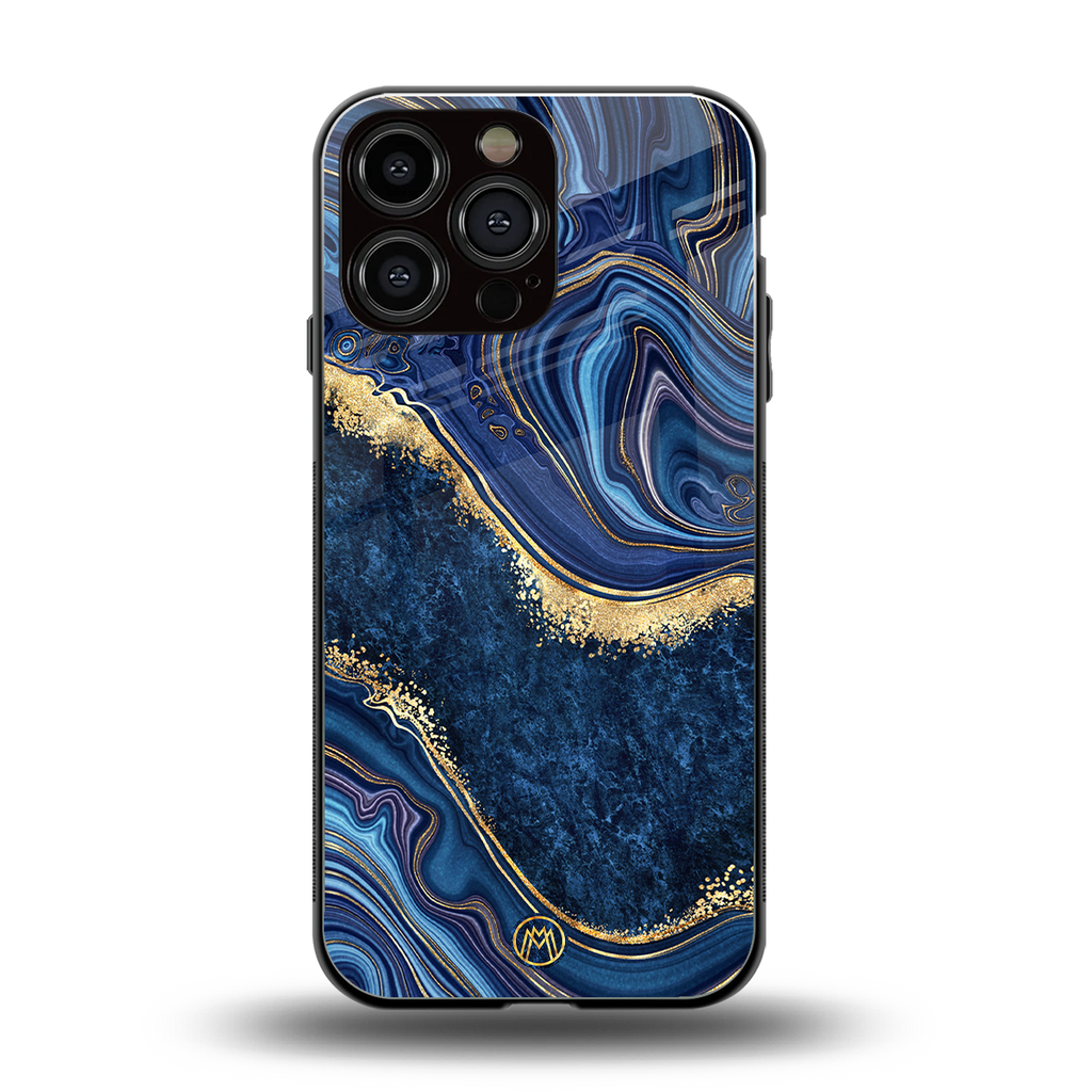 blue gold liquid marble back phone cover | glass case for iphone 14 pro max