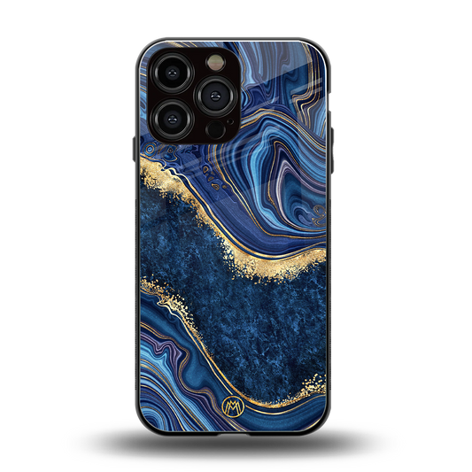 blue gold liquid marble back phone cover | glass case for iphone 14 pro max