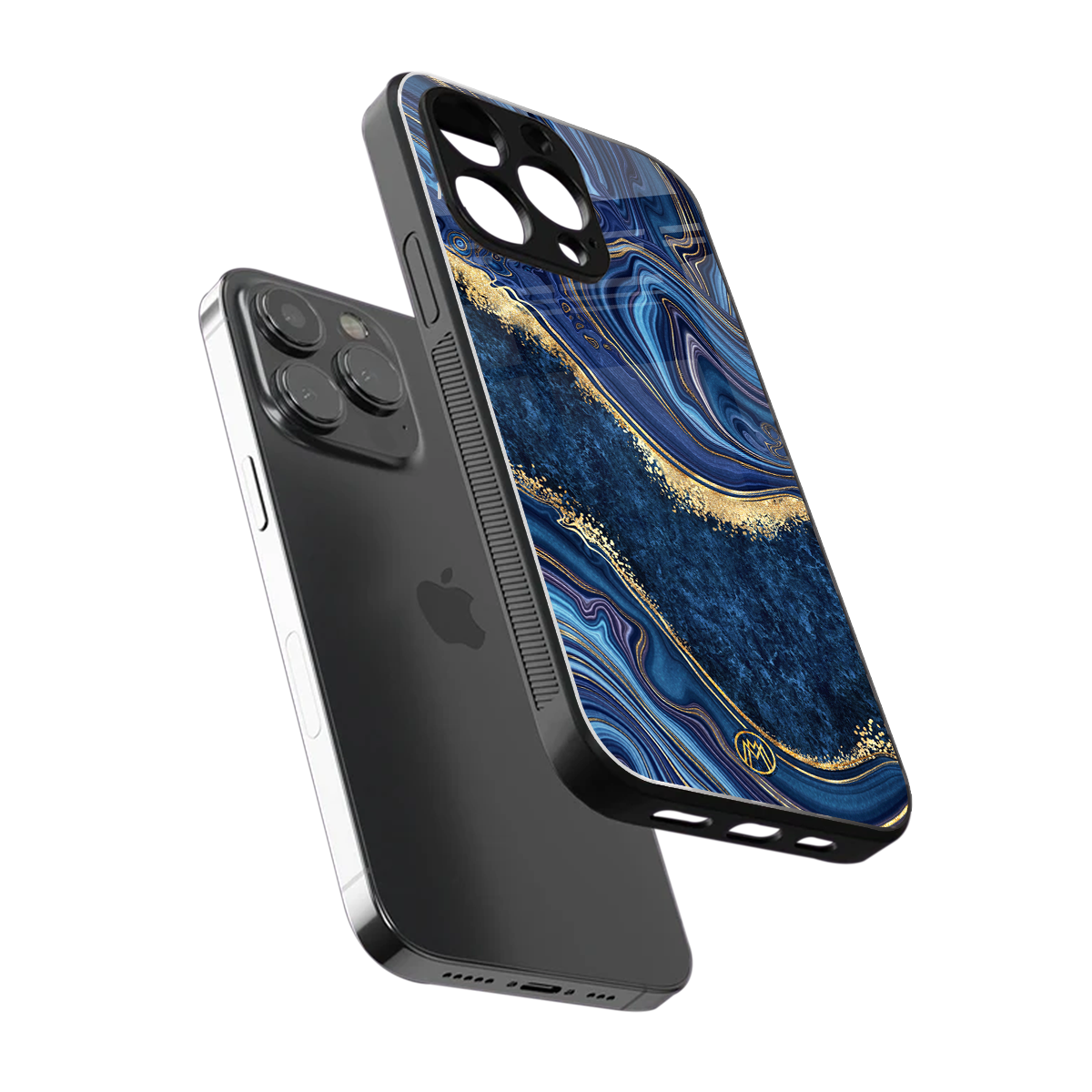 blue gold liquid marble back phone cover | glass case for iphone 15 pro max