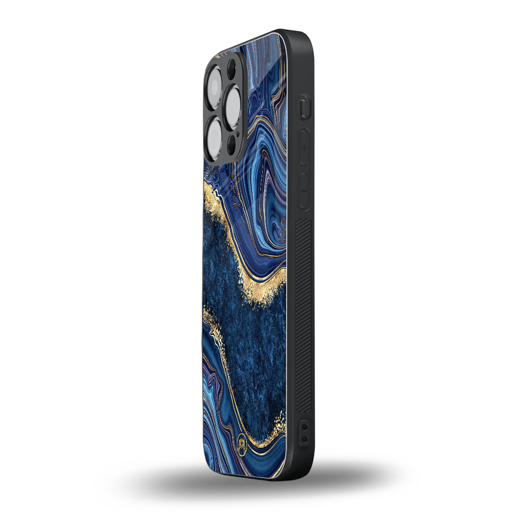 blue gold liquid marble back phone cover | glass case for iphone 14 pro max
