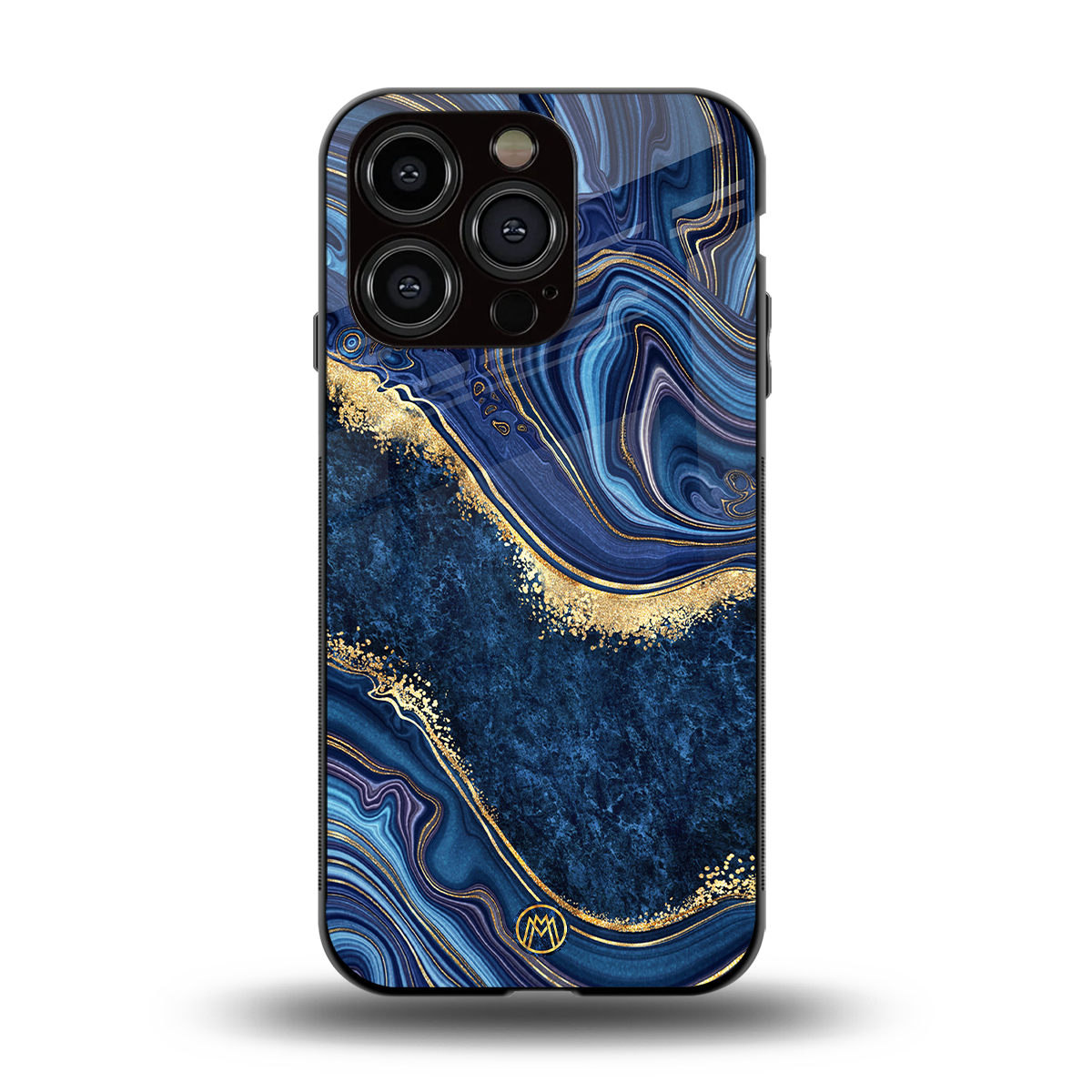 blue gold liquid marble back phone cover | glass case for iphone 15 pro
