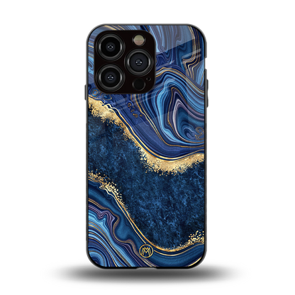 blue gold liquid marble back phone cover | glass case for iphone 14 pro