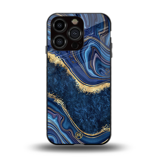 blue gold liquid marble back phone cover | glass case for iphone 14 pro