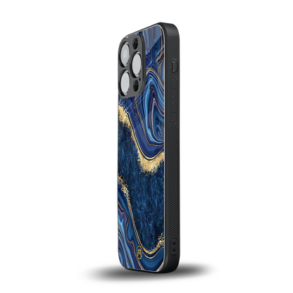 blue gold liquid marble back phone cover | glass case for iphone 15 pro