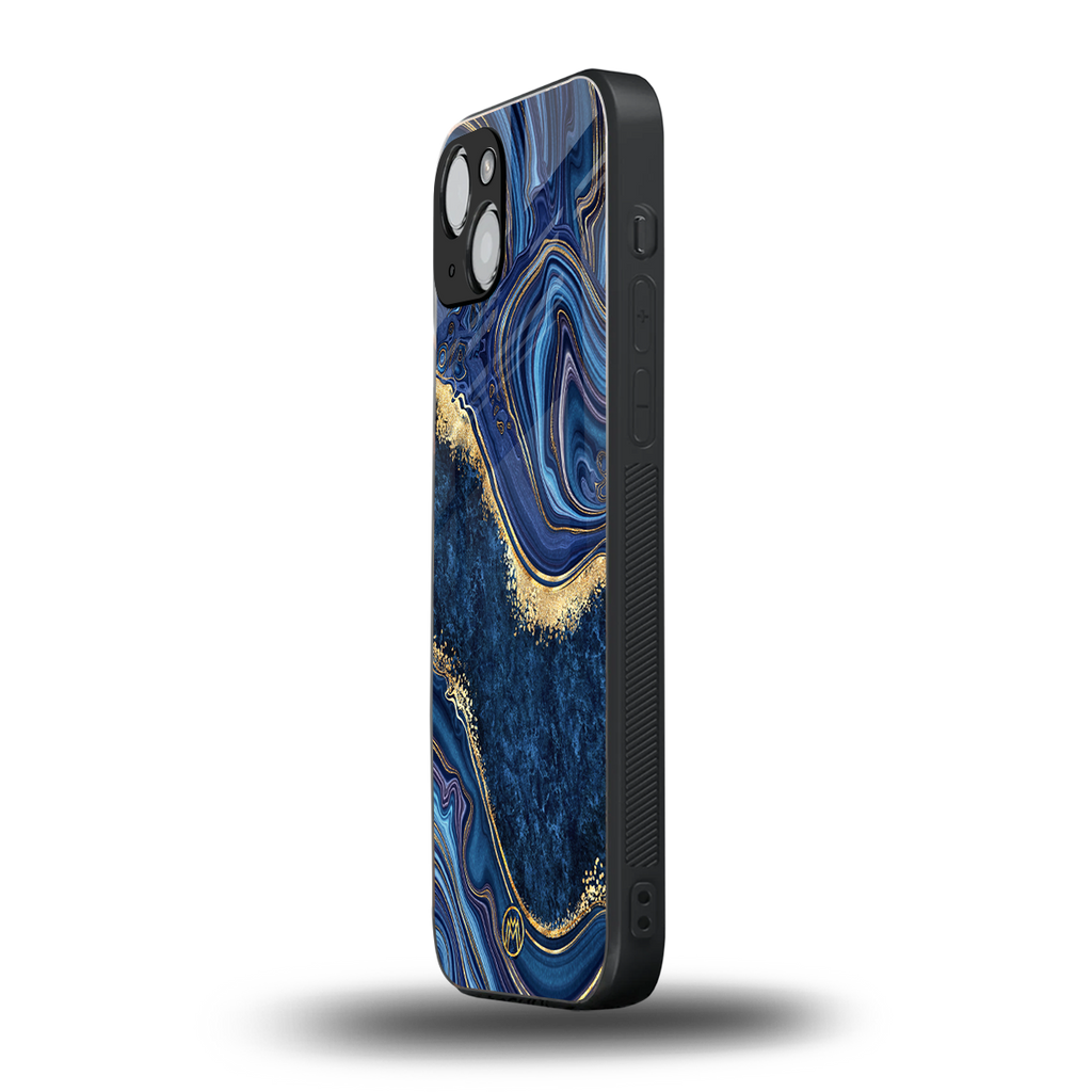 blue gold liquid marble back phone cover | glass case for iphone 15
