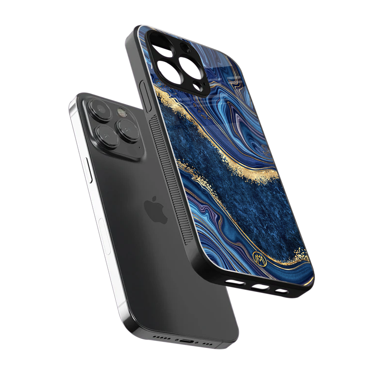 blue gold liquid marble back phone cover | glass case for iphone 15 pro