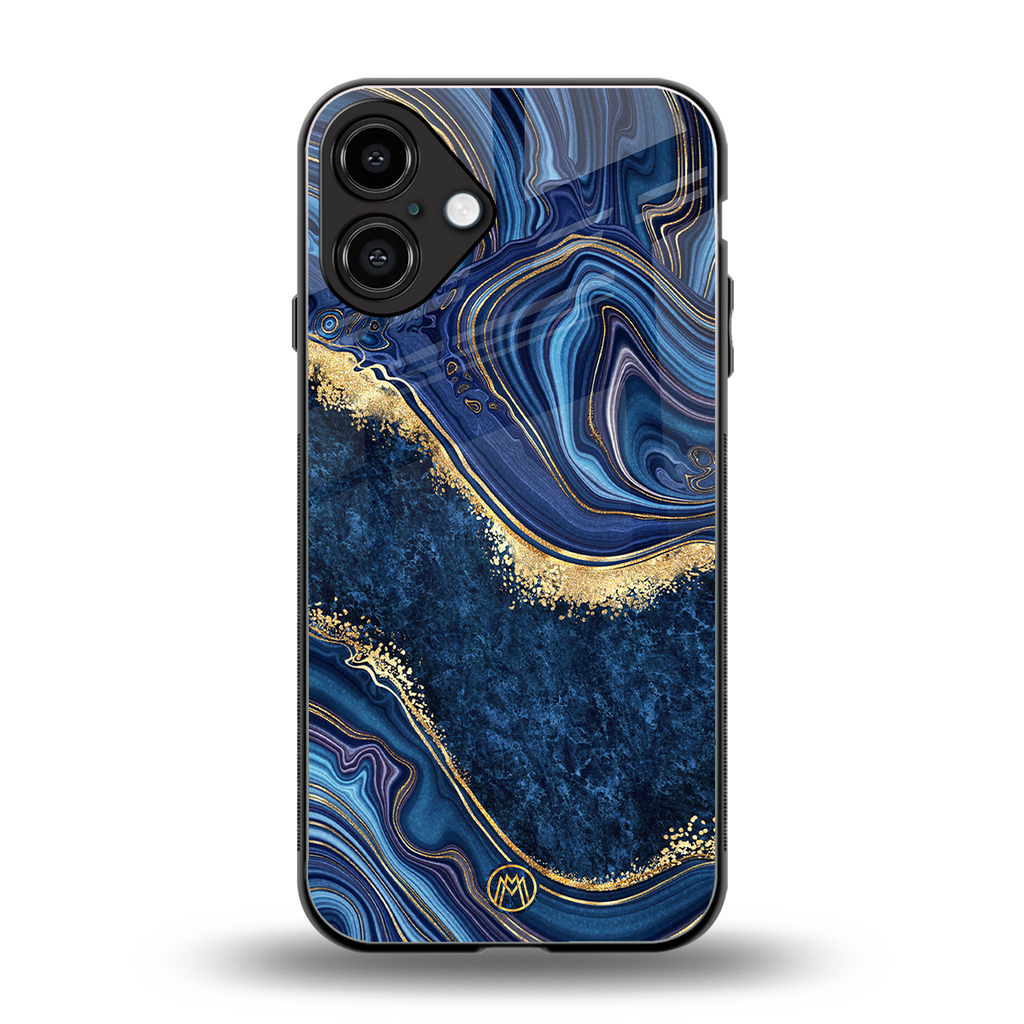 blue gold liquid marble back phone cover | glass case for iphone 16 plus