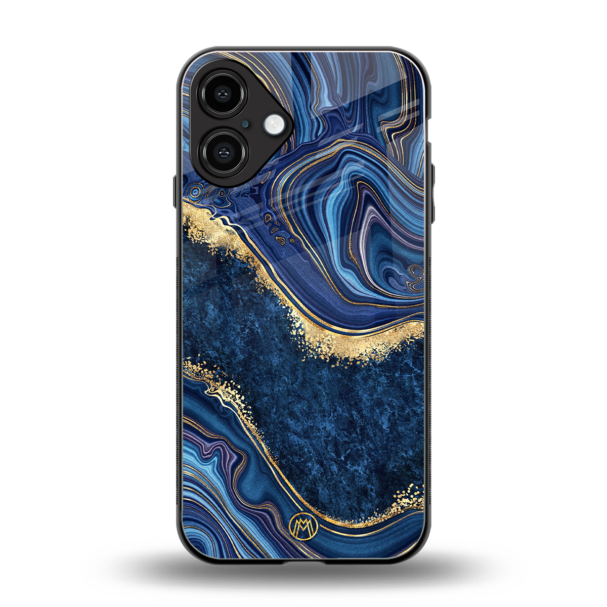 blue gold liquid marble back phone cover | glass case for iphone 16 plus