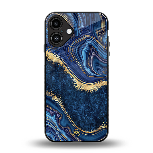 blue gold liquid marble back phone cover | glass case for iphone 16 plus