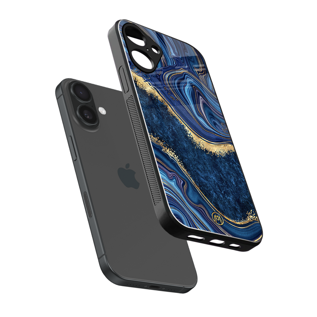 blue gold liquid marble back phone cover | glass case for iphone 16 plus
