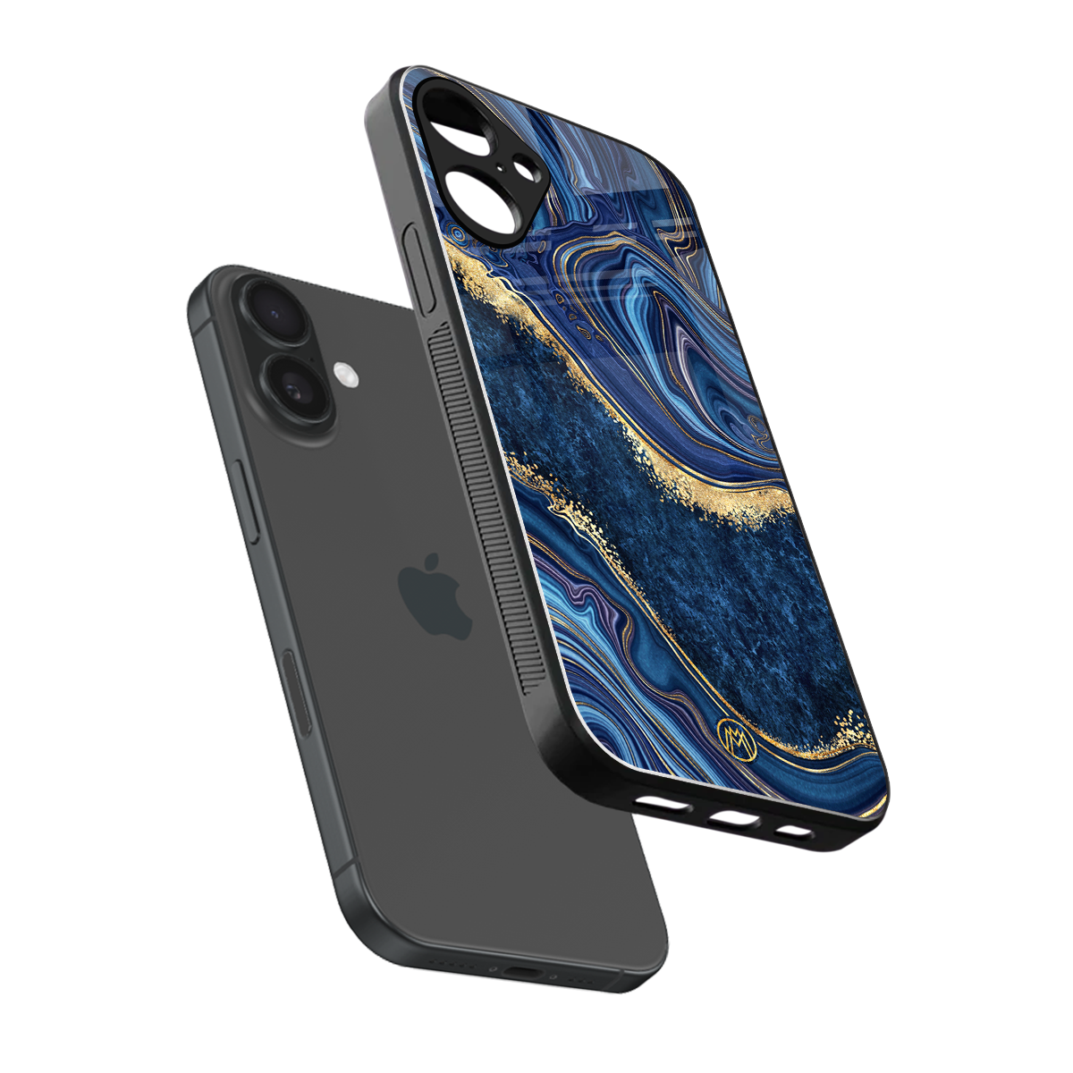 blue gold liquid marble back phone cover | glass case for iphone 16 plus