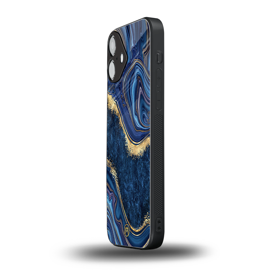 blue gold liquid marble back phone cover | glass case for iphone 16 plus
