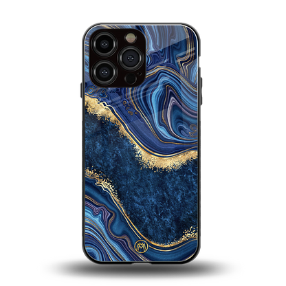 blue gold liquid marble back phone cover | glass case for iphone 16 pro max