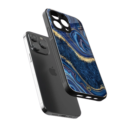 blue gold liquid marble back phone cover | glass case for iphone 16 pro max