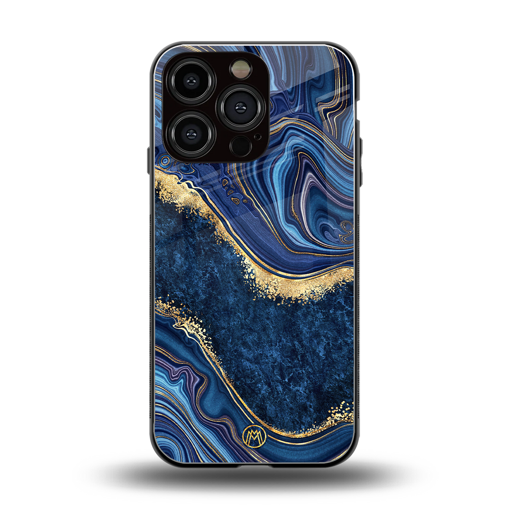 blue gold liquid marble back phone cover | glass case for iphone 16 pro