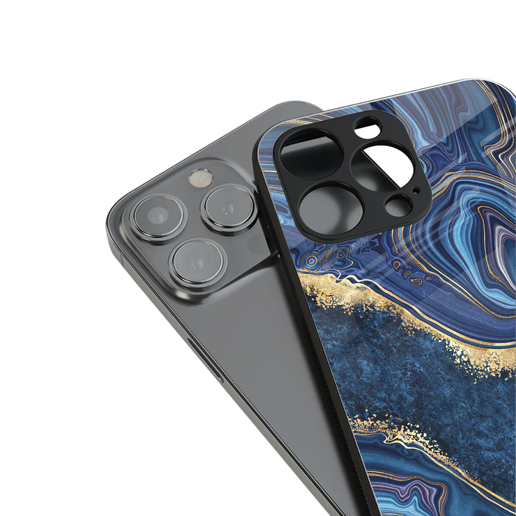 blue gold liquid marble back phone cover | glass case for iphone 14 pro max