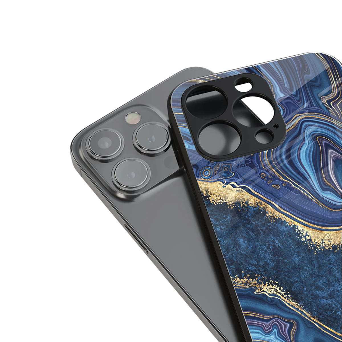 blue gold liquid marble back phone cover | glass case for iphone 16 pro