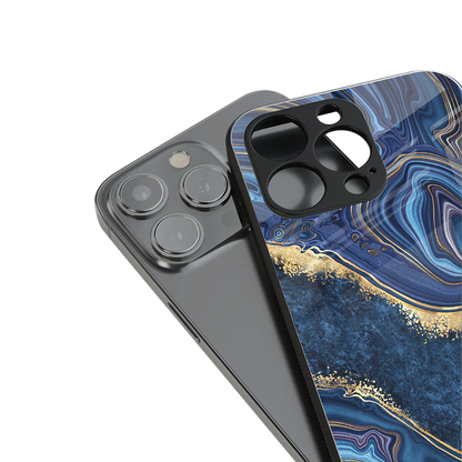 blue gold liquid marble back phone cover | glass case for iphone 16 pro max