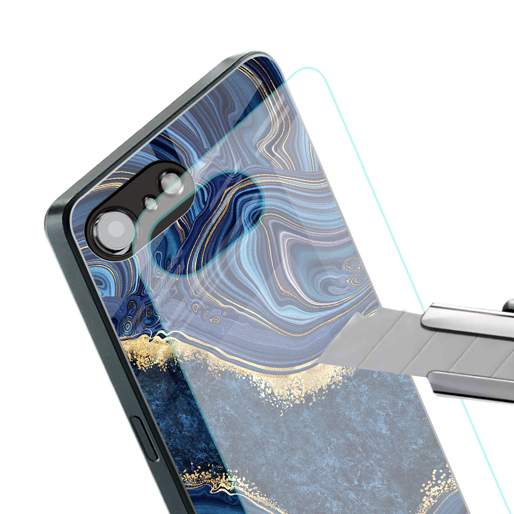 blue gold liquid marble back phone cover | glass case for iphone 16e