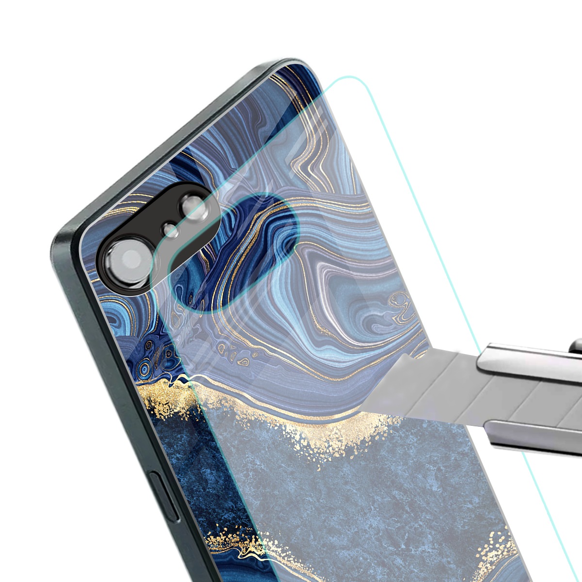 blue gold liquid marble back phone cover | glass case for iphone 16e