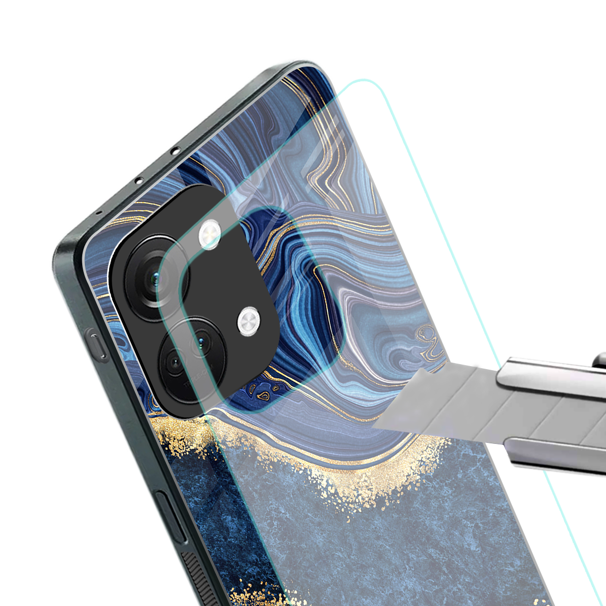 blue gold liquid marble back phone cover | glass case for oneplus nord 3