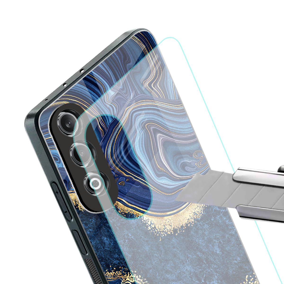 blue gold liquid marble back phone cover | glass case for oneplus nord ce 4