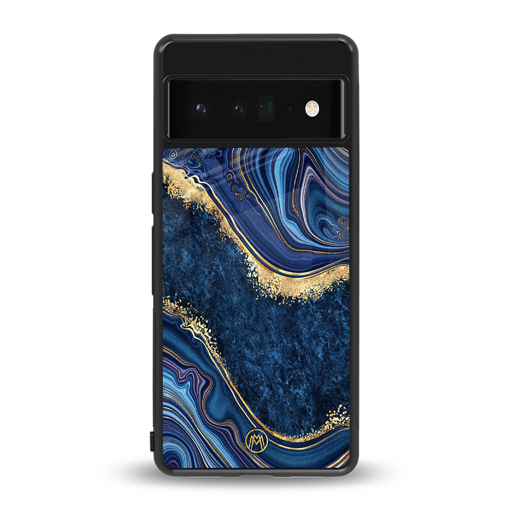 blue gold liquid marble back phone cover | glass case for google pixel 6 pro