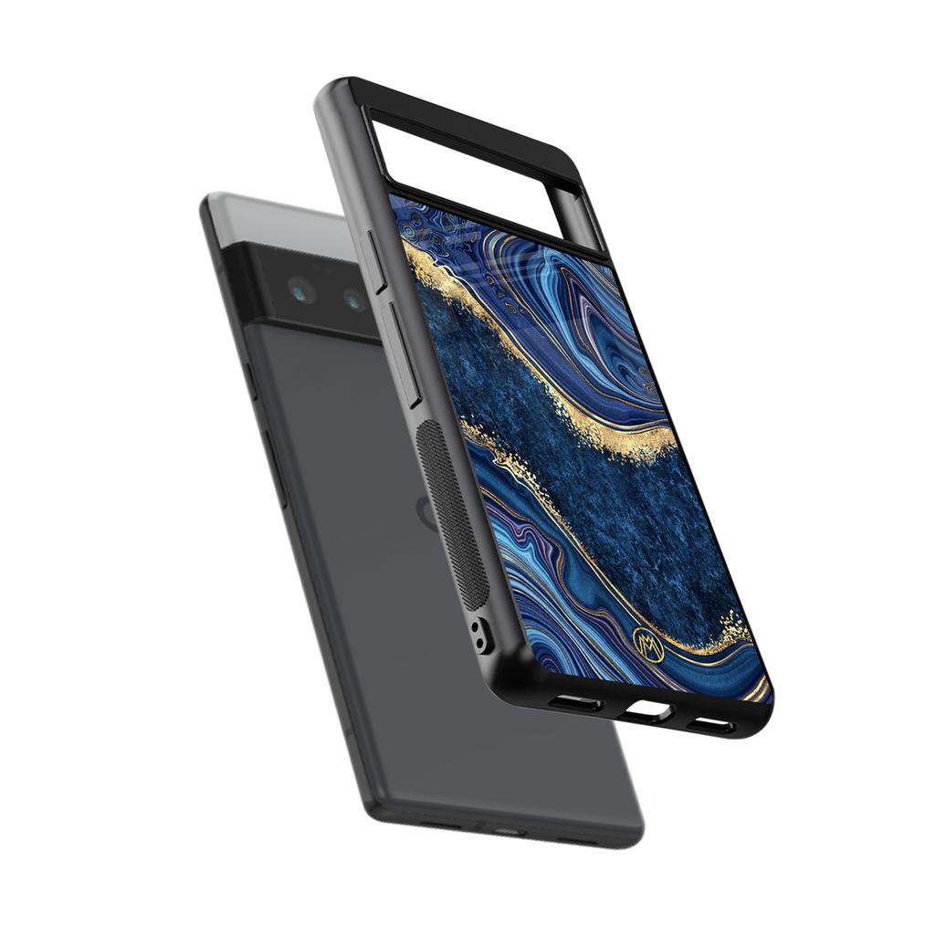 blue gold liquid marble back phone cover | glass case for google pixel 6 pro