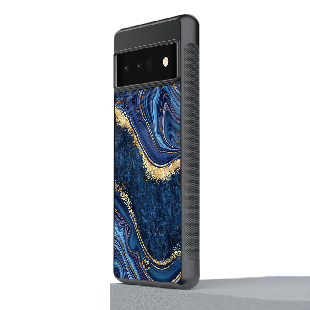 blue gold liquid marble back phone cover | glass case for google pixel 6 pro