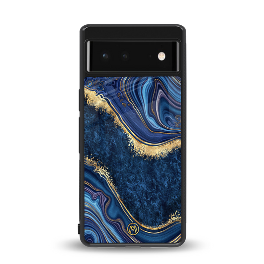 blue gold liquid marble back phone cover | glass case for google pixel 6