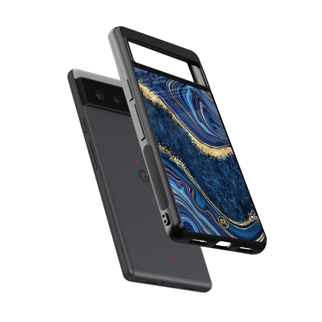 blue gold liquid marble back phone cover | glass case for google pixel 6