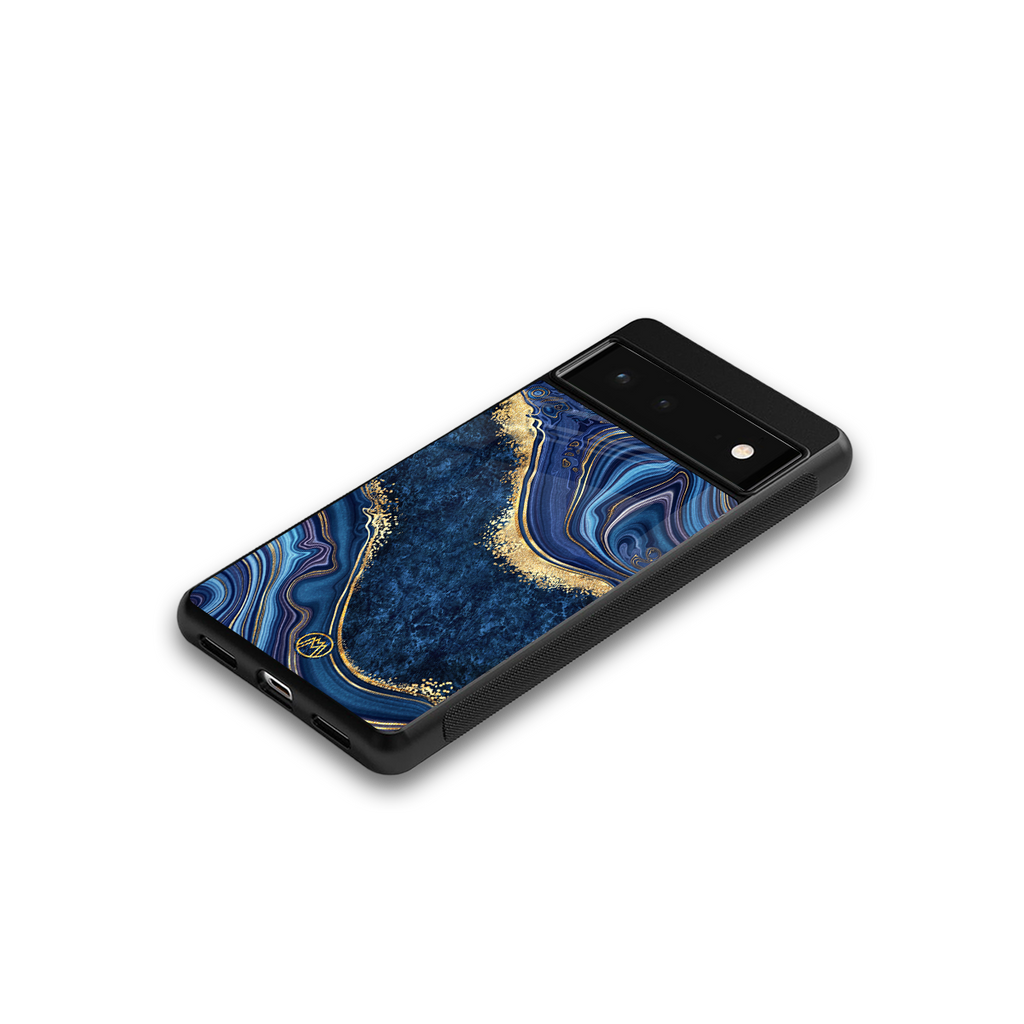 blue gold liquid marble back phone cover | glass case for google pixel 6