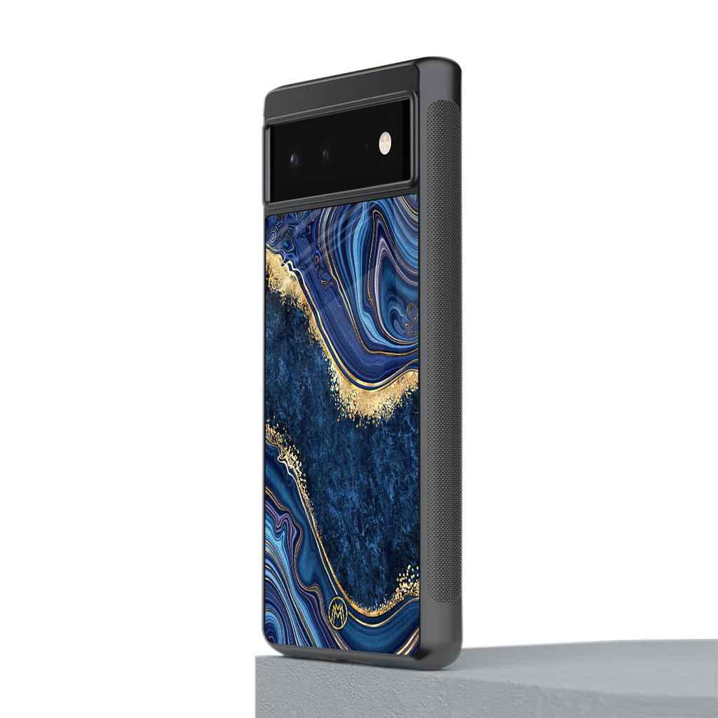 blue gold liquid marble back phone cover | glass case for google pixel 6
